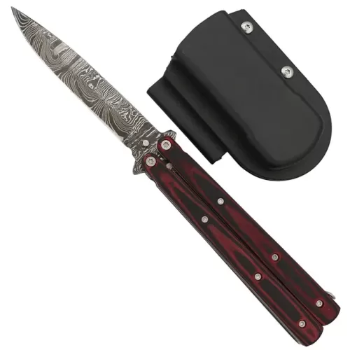 Micarta Red Damascus Steel Drop Point Heavy Duty Butterfly Knife