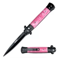 Milano 9" Stiletto Pink Pearl Button Release Automatic Knife Black Bayonet