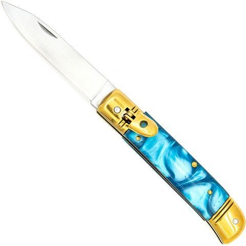 Ocean Pearl Blue Lever Lock Automatic Knife Gold Stainless