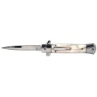 Old School 9" Black White Pearl Stiletto D/A OTF Automatic Knife Satin Bayo