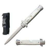 Old School 9" White Swirl Stiletto D/A OTF Automatic Knife Satin Bayo