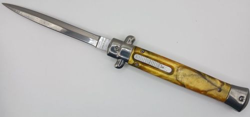 Old School Mago 11" Yellow Pearl Stiletto D/A OTF Automatic Knife Satin Dagger