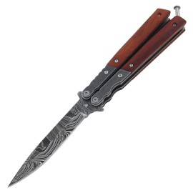 Pakka Wood Heavy Butterfly Knife Damascus Drop Point