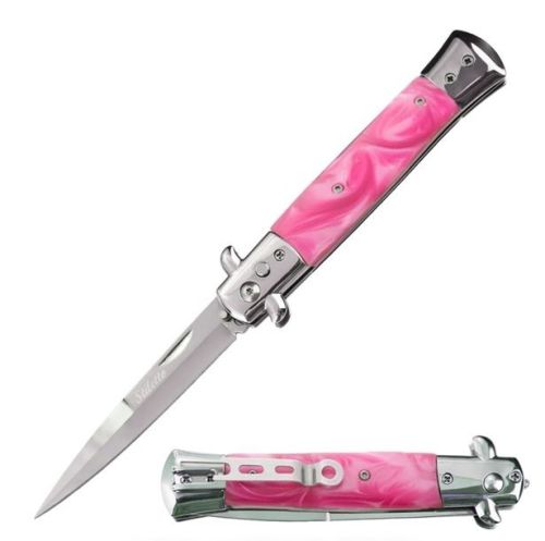 Pink Pearl 3-Coil Spring Milano Stiletto Automatic Knife Stainless Steel (4" Blade)
