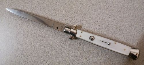 SKM 11" Pearl White Stiletto Automatic Knife Satin Flat Grind