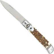 Stainless Automatic Lever Lock Knife Faux Stag Horn